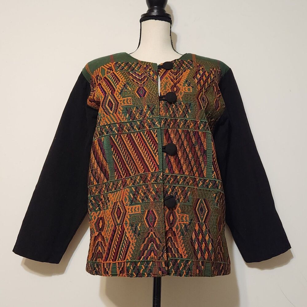 Vintage 80s Guatemalan Embroidered Woven Cotton Jacket Sz M Aztec Bird Art